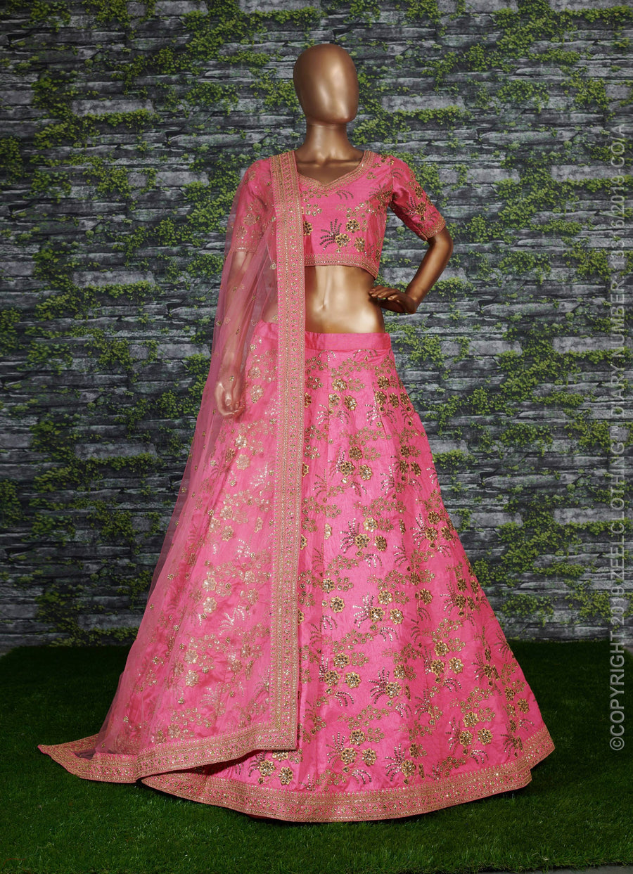 Pink Slub Silk Lehenga Choli For Indian Festivals & Pakistani Weddings Dress - Sequence Embroidery Work, Zari Work