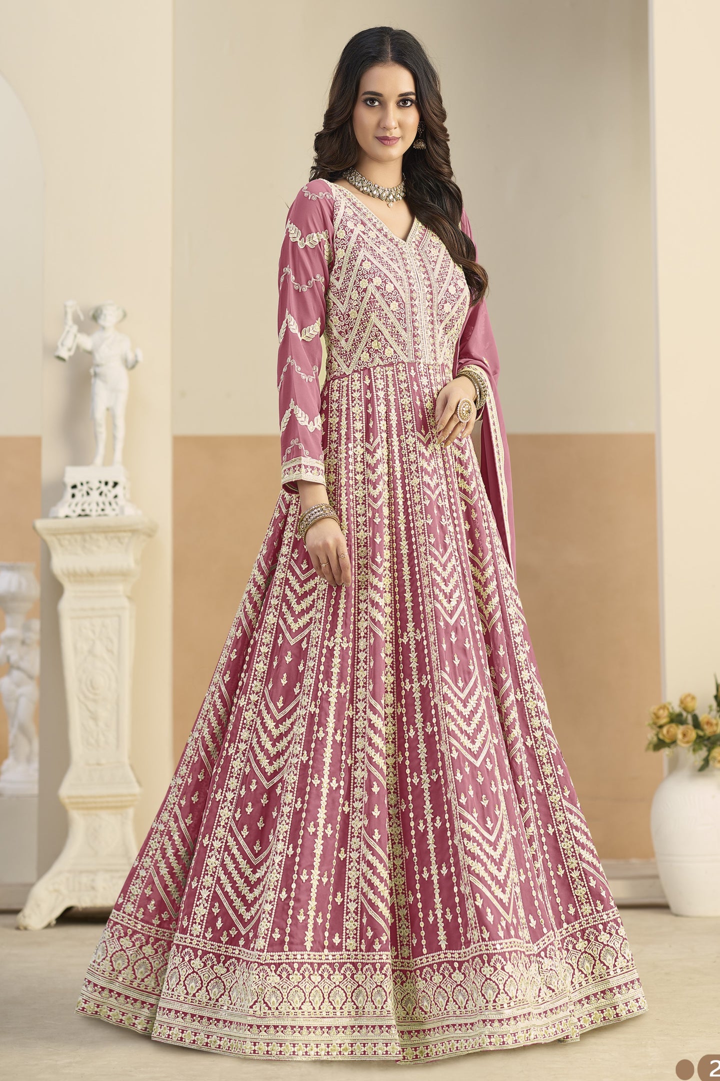 Pink Georgette Anarkali Dress for Sangeet with Embroidery
