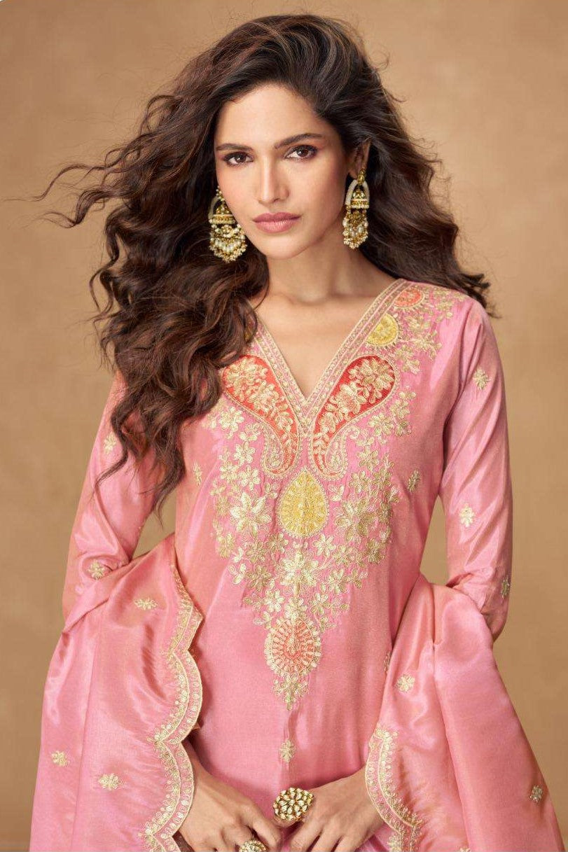 Pink Indian Palazzo Suits Online in Simmer Silk with Thread & Sequins