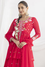 Party Wear Floral Embroidery Suit in Pinkish Red Georgette Kameez and Skirt