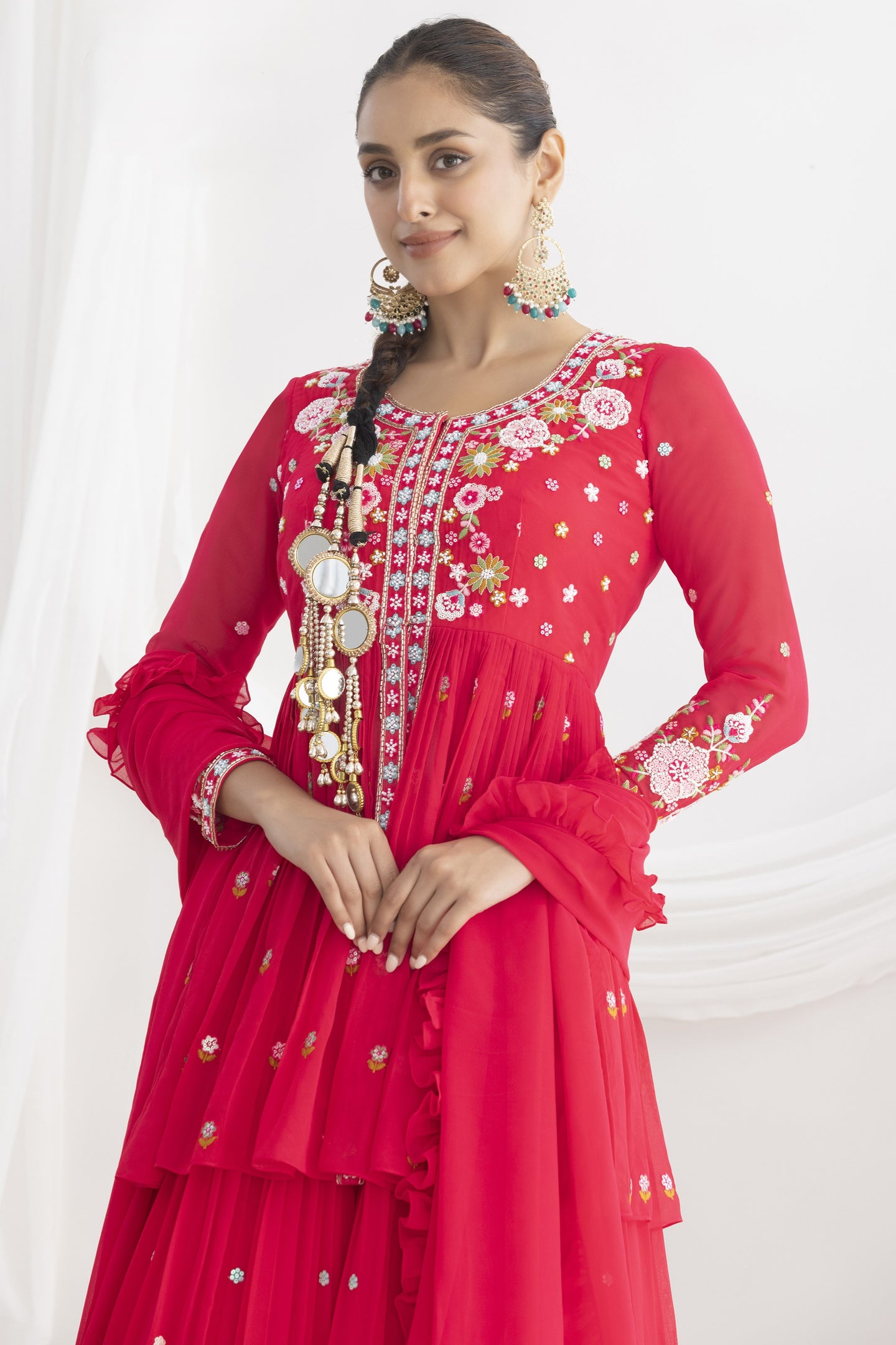 Party Wear Floral Embroidery Suit in Pinkish Red Georgette Kameez and Skirt