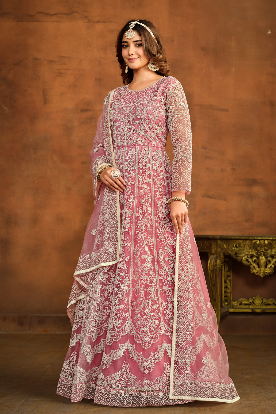 Pink Net Thread Embroidery Anarkali Dress for Reception