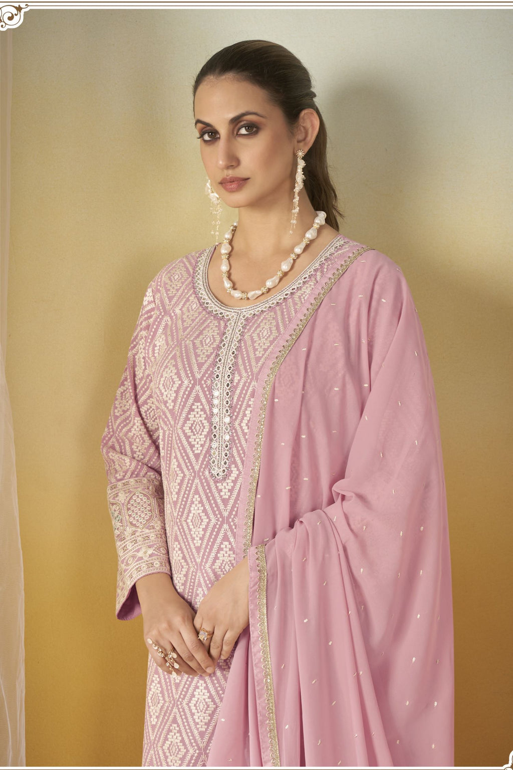 Baby Pink Georgette Thread Embroidered Latest Plazo Design for Wedding