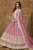 Pink Chinon Silk Anarkali Dress for Wedding with Thread and Sequins Embroidery