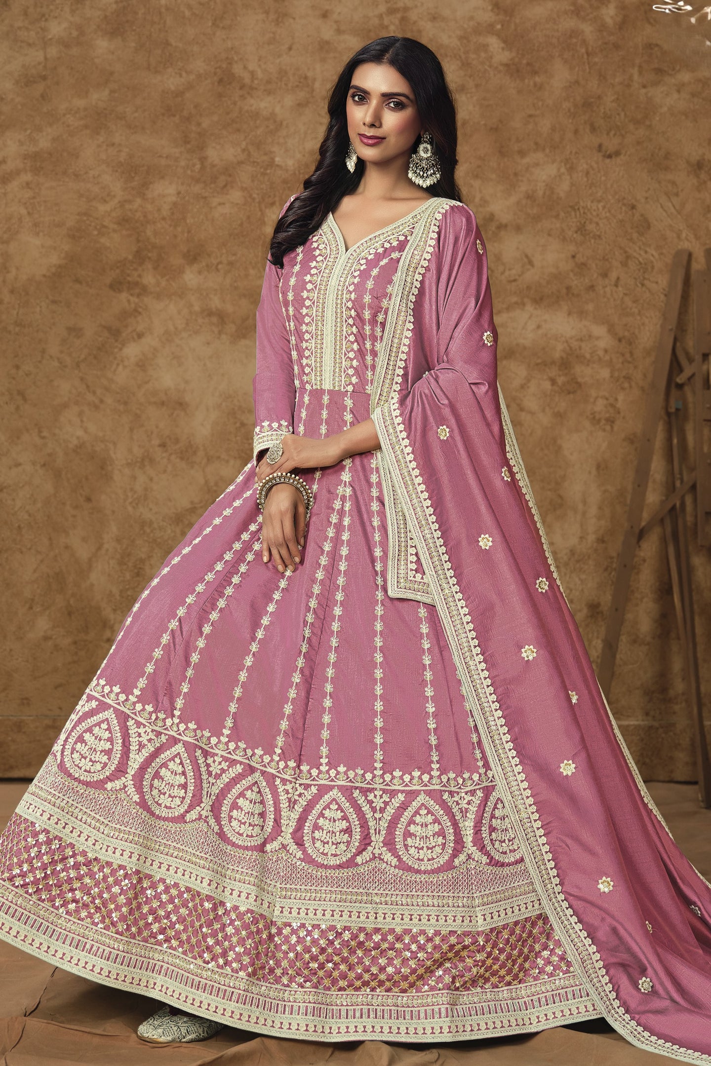 Pink Chinon Silk Anarkali Dress for Wedding with Thread and Sequins Embroidery