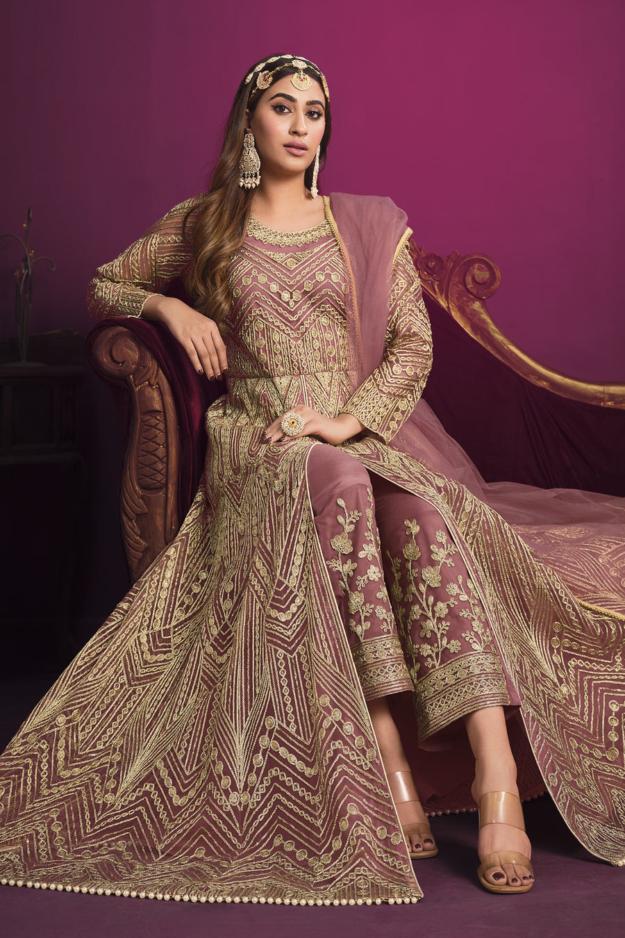 Pink Net Anarkali with Thread Embroidery Work Indian Dresses for Women