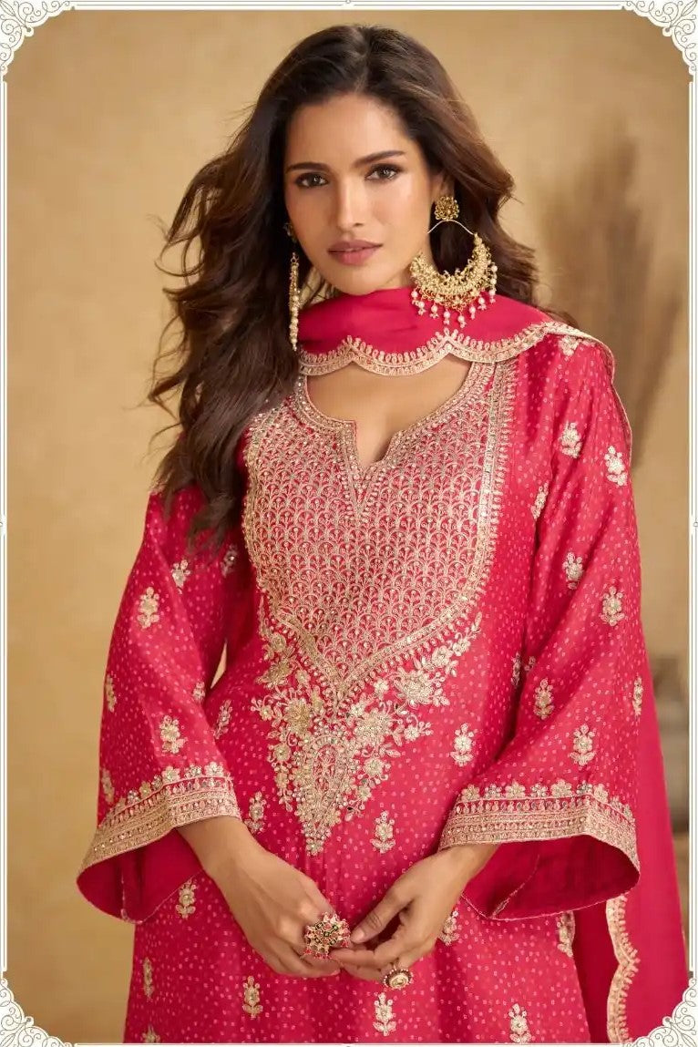 Pink Chinon Silk Palazo Suit Design for Wedding with Thread and Sequins Embroidery