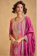 Pink Chinon Silk Bandhani Palazzo Suits with Bandhni Print & Embroidery Work
