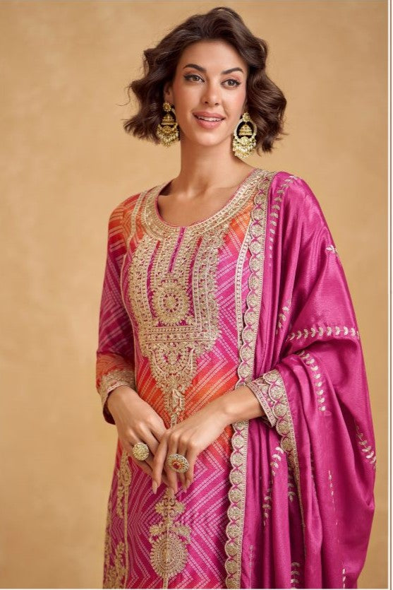 Pink Chinon Silk Bandhani Palazzo Suits with Bandhni Print & Embroidery Work