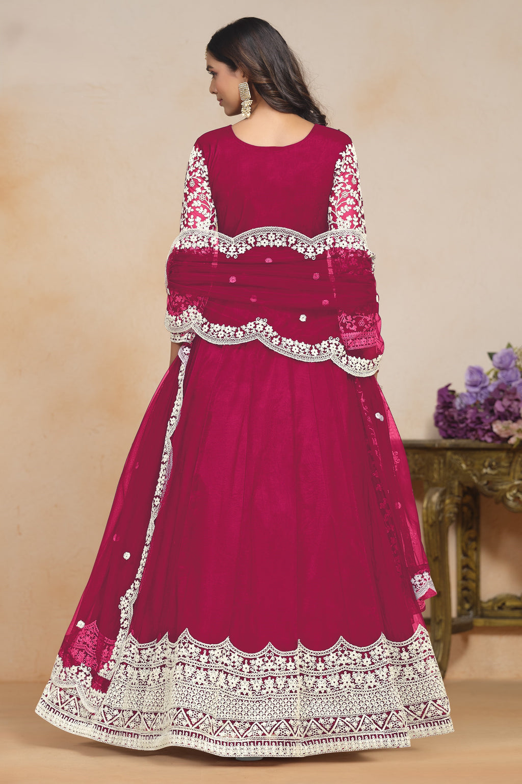Pink Net Dori Work Anarkali for Wedding Function