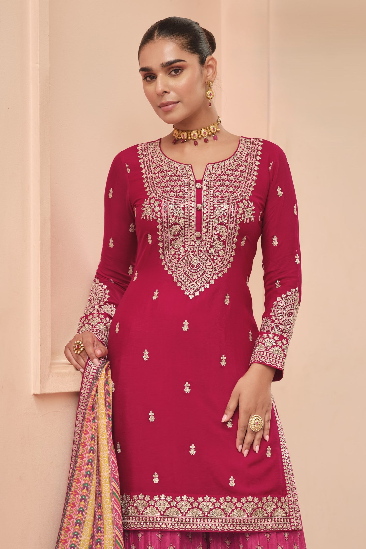 Red Chinon Silk Indian Palazzo Suit with Print & Embroidery Work