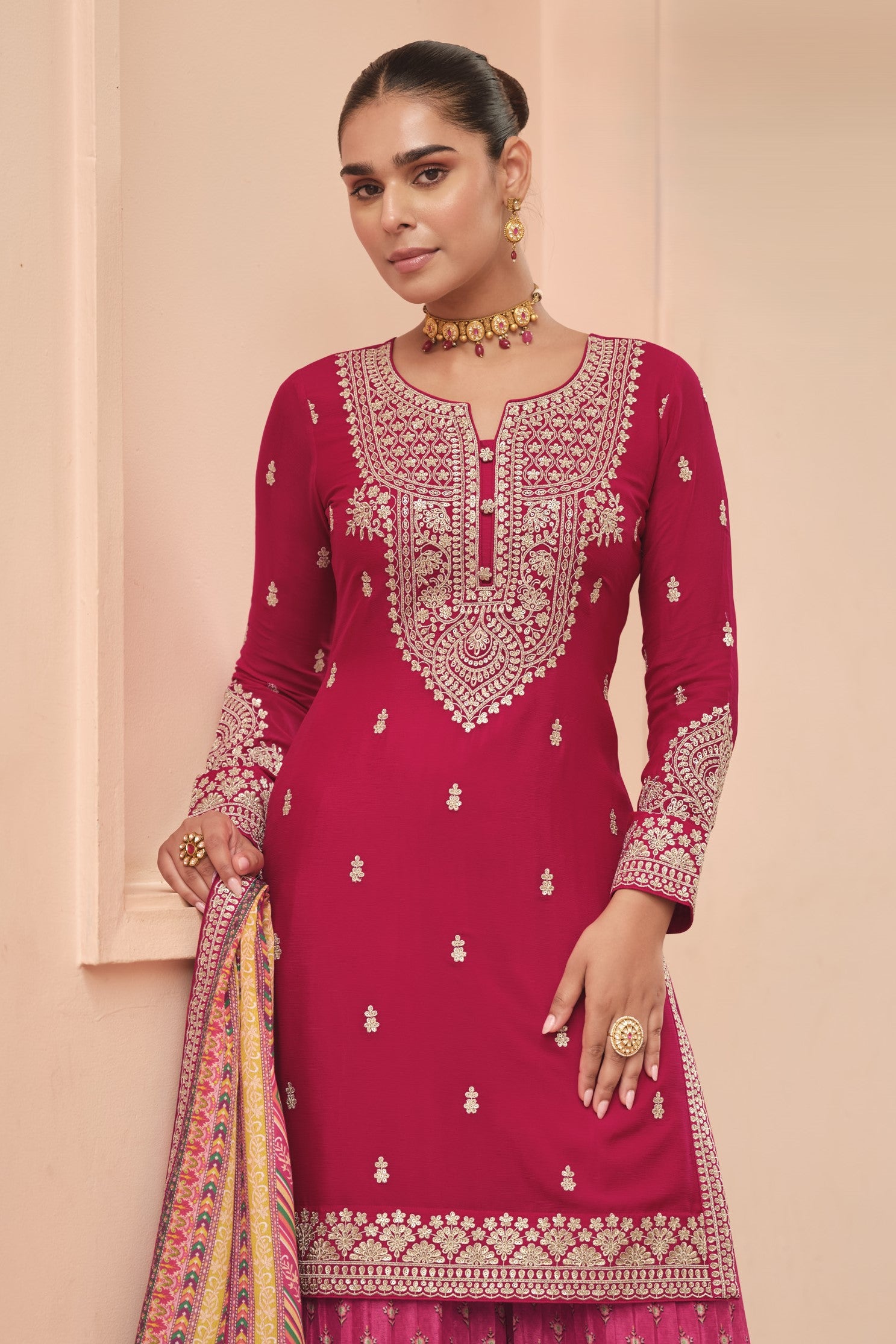 Red Chinon Silk Indian Palazzo Suit with Print & Embroidery Work