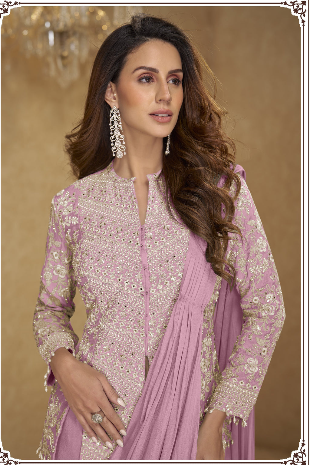 Pink Chinon Silk Jacket with Draped Saree with Thread and Sequins Work