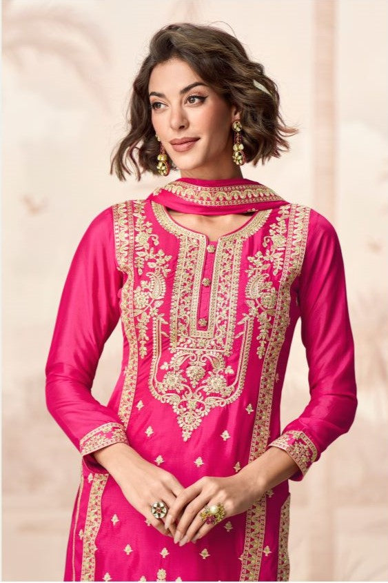 Pink Chinon Silk Kurta with Palazo Indian Wedding Suits with Dori and Sequins Work