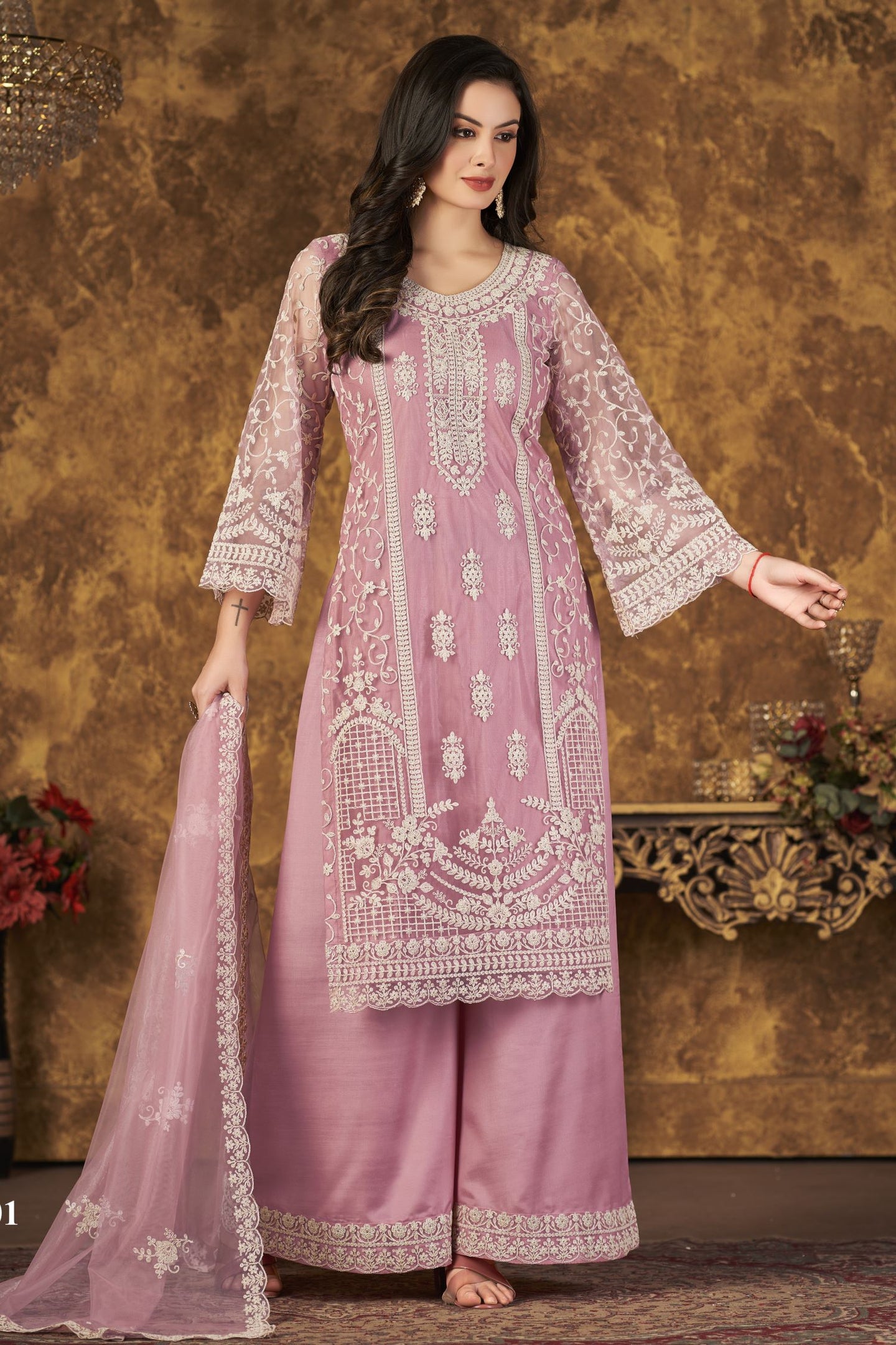Pink Net Plazo Pakistani Style Wedding Dresses with Thread Embroidery