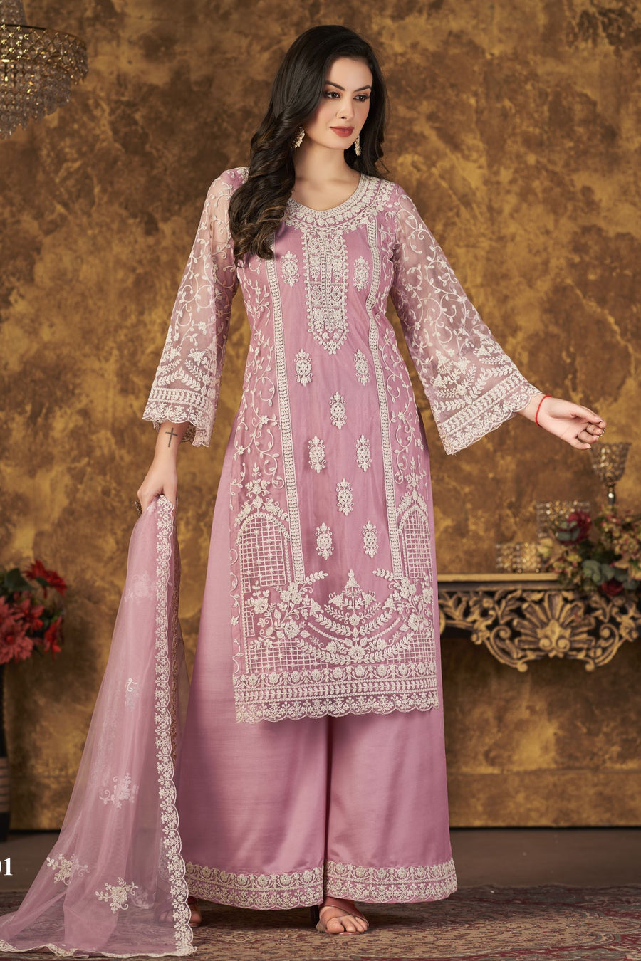 Pink Net Plazo Pakistani Style Wedding Dresses with Thread Embroidery