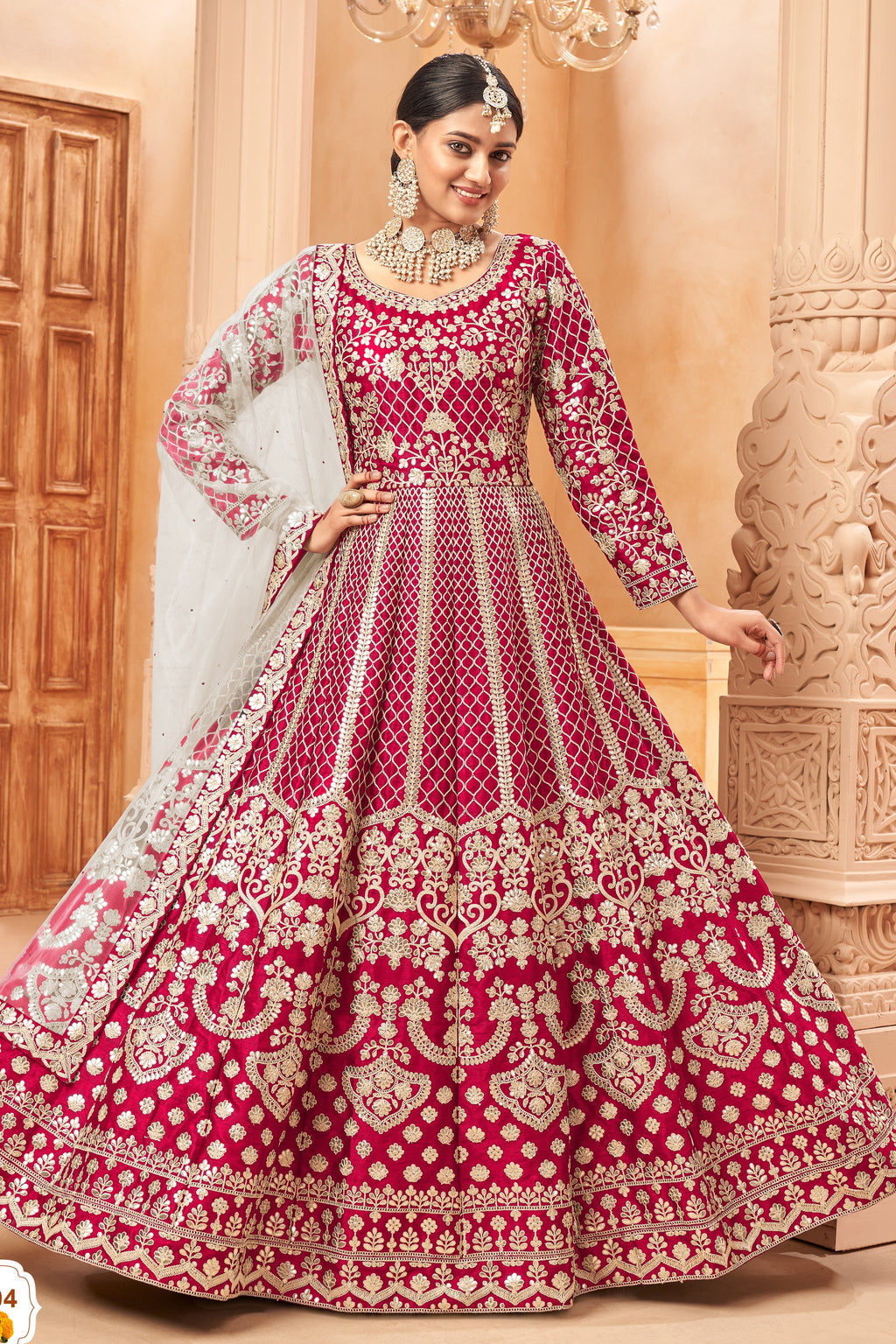 Dark Pink Art Silk Anarkali Pakistani Dresses Traditional With Thread Embroidery Work