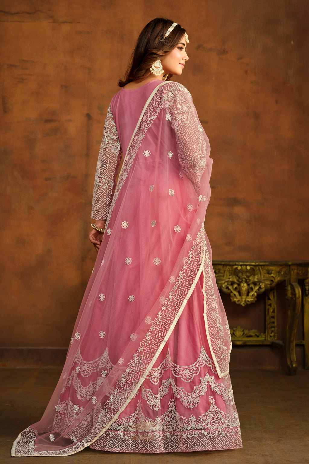 Pink Net Thread Embroidery Anarkali Dress for Reception