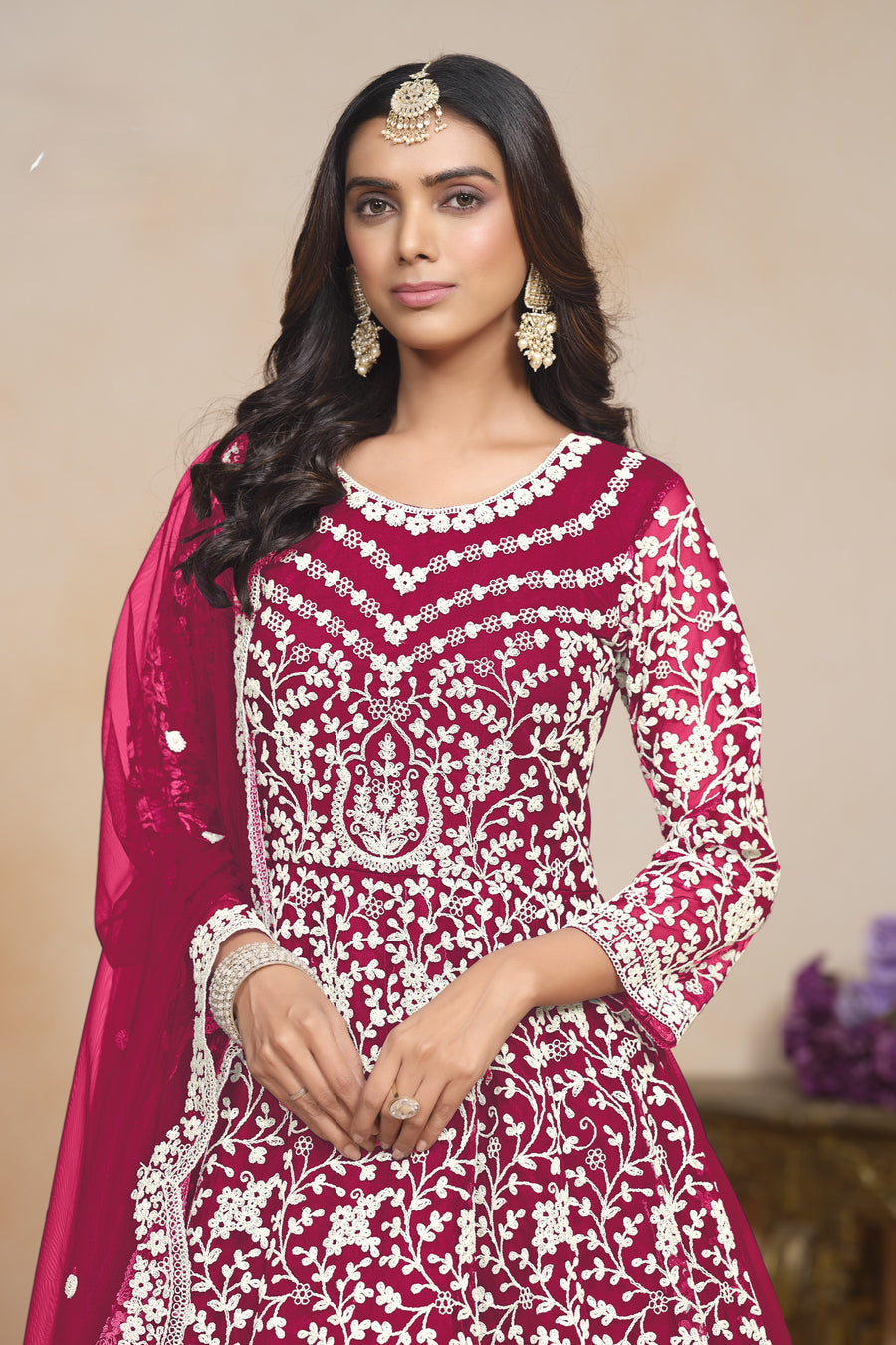 Pink Net Dori Work Anarkali for Wedding Function