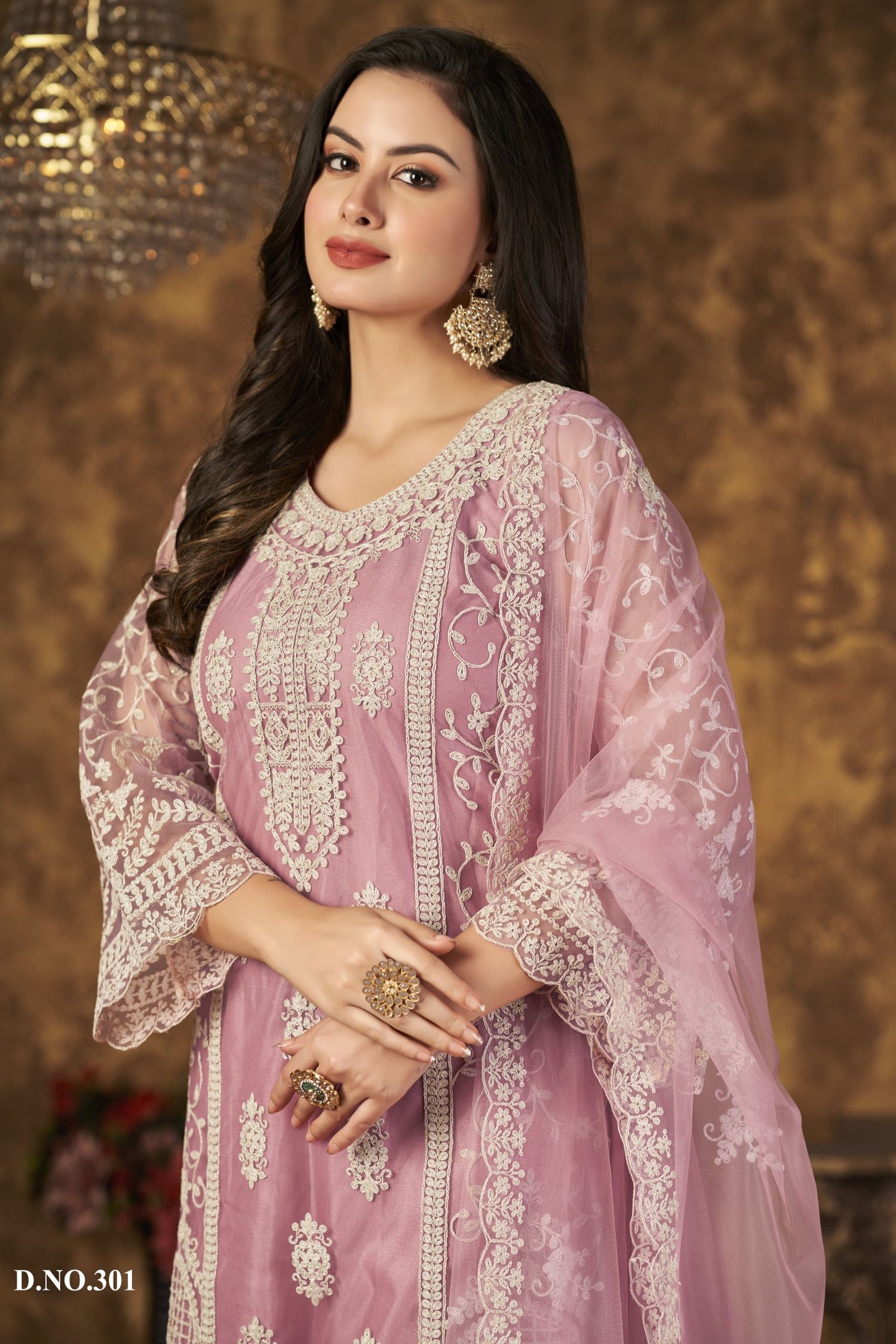 Pink Net Plazo Pakistani Style Wedding Dresses with Thread Embroidery