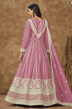 Pink Chinon Silk Anarkali Dress for Wedding with Thread and Sequins Embroidery
