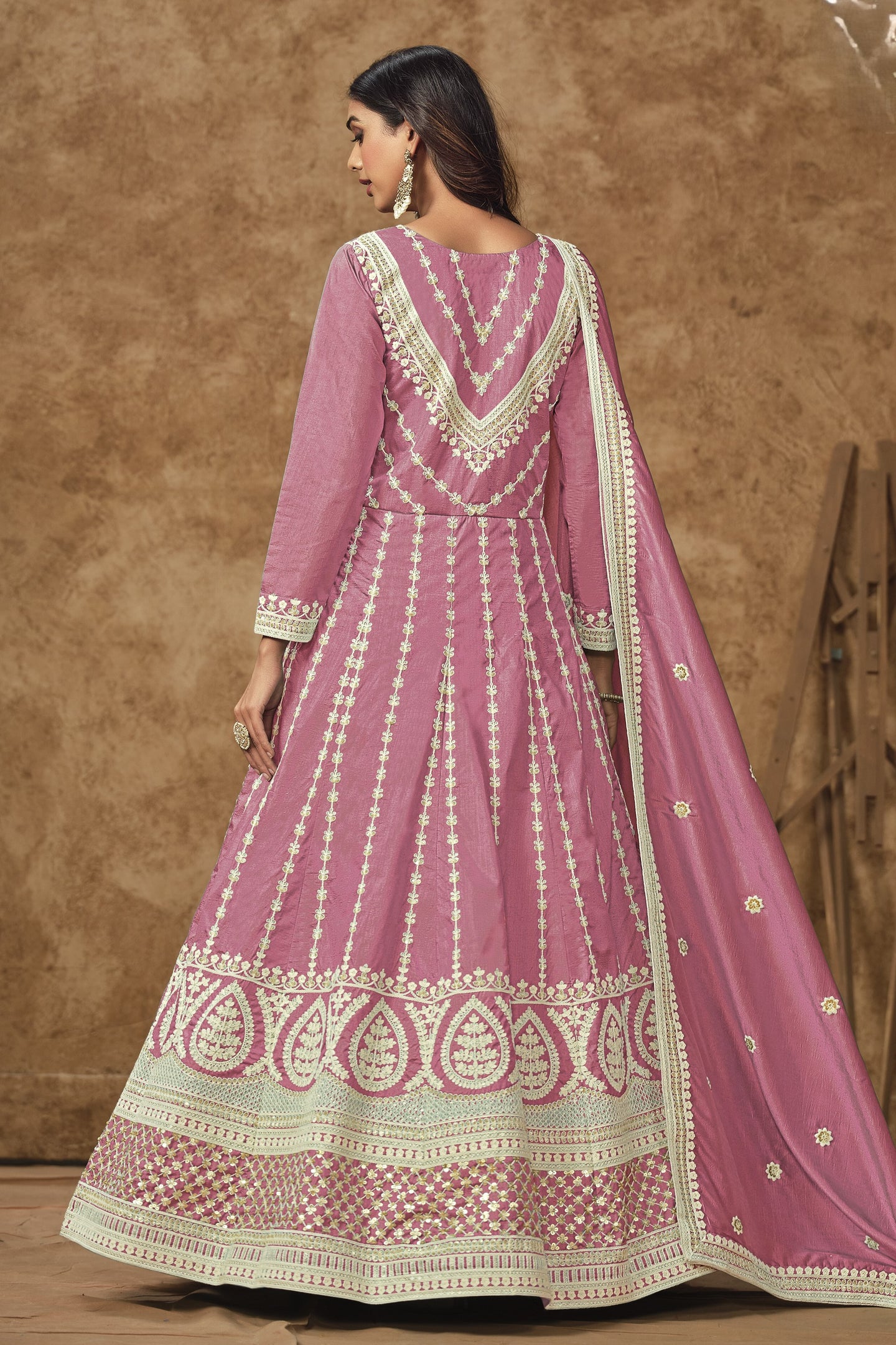 Pink Chinon Silk Anarkali Dress for Wedding with Thread and Sequins Embroidery