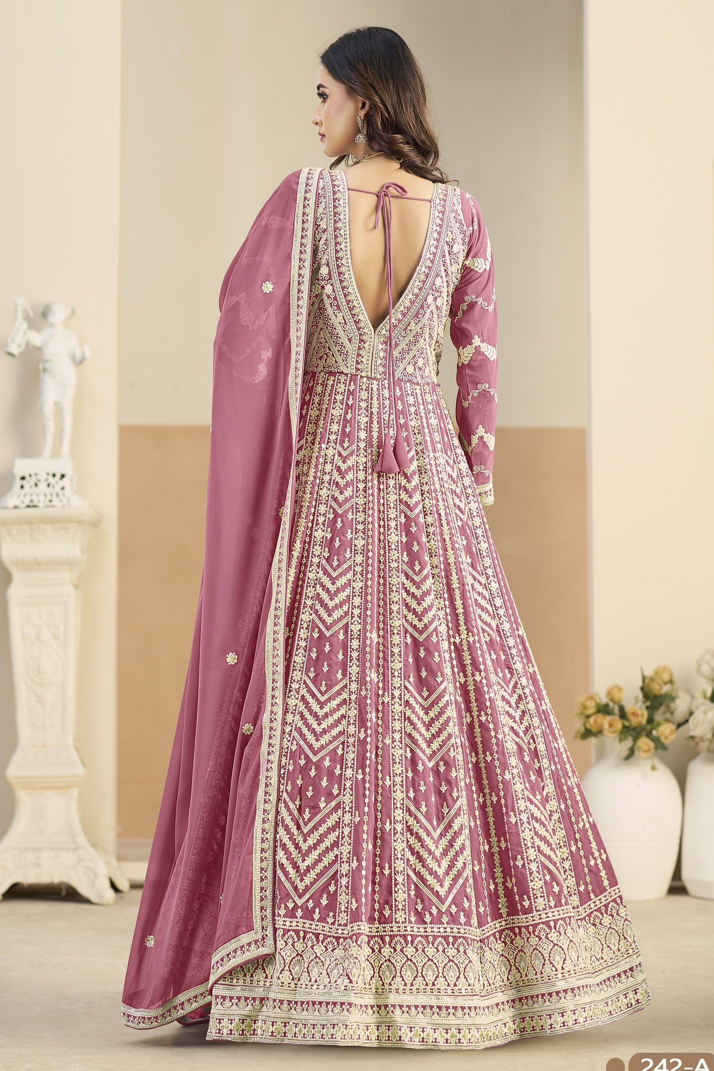 Pink Georgette Anarkali Dress for Sangeet with Embroidery