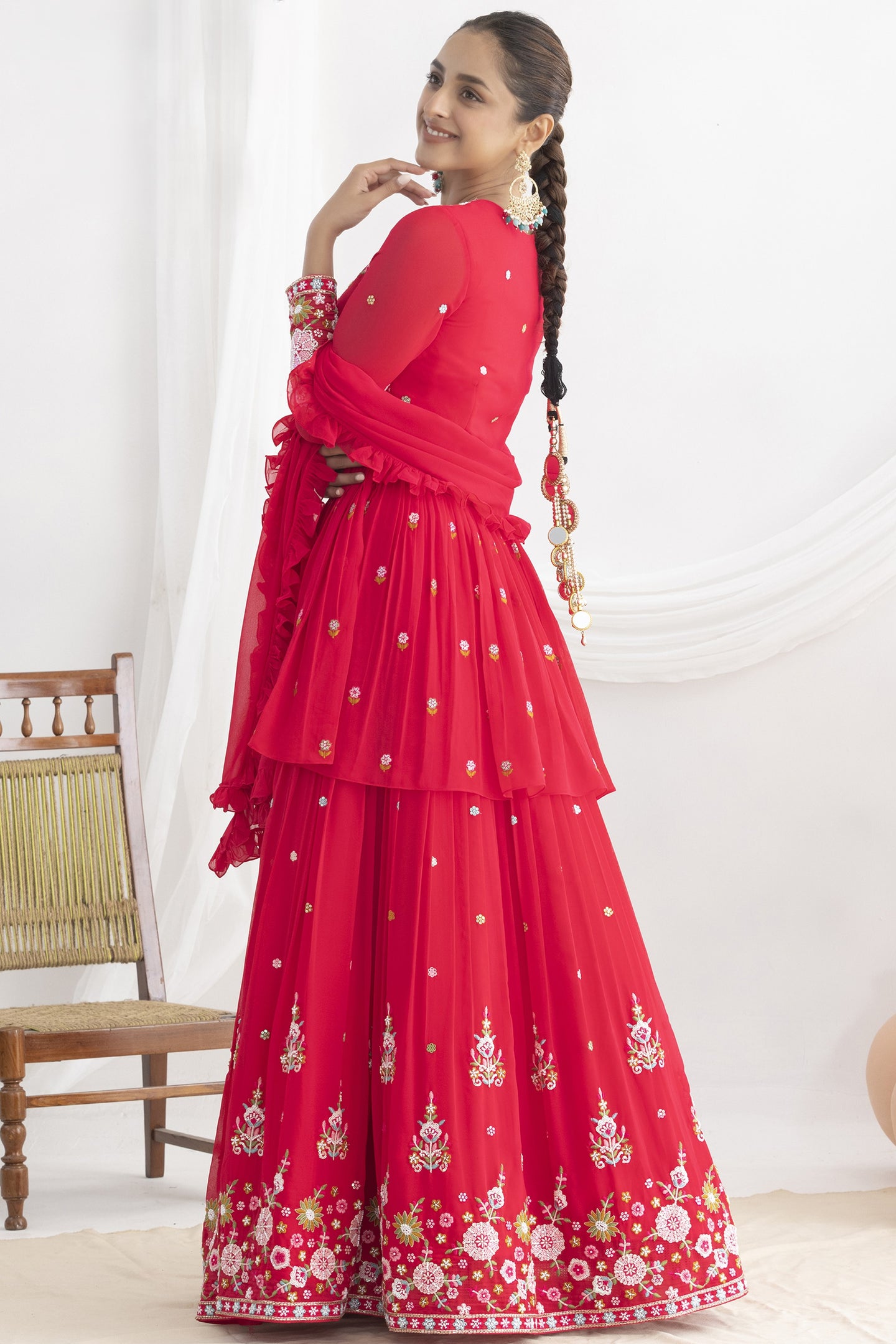 Party Wear Floral Embroidery Suit in Pinkish Red Georgette Kameez and Skirt
