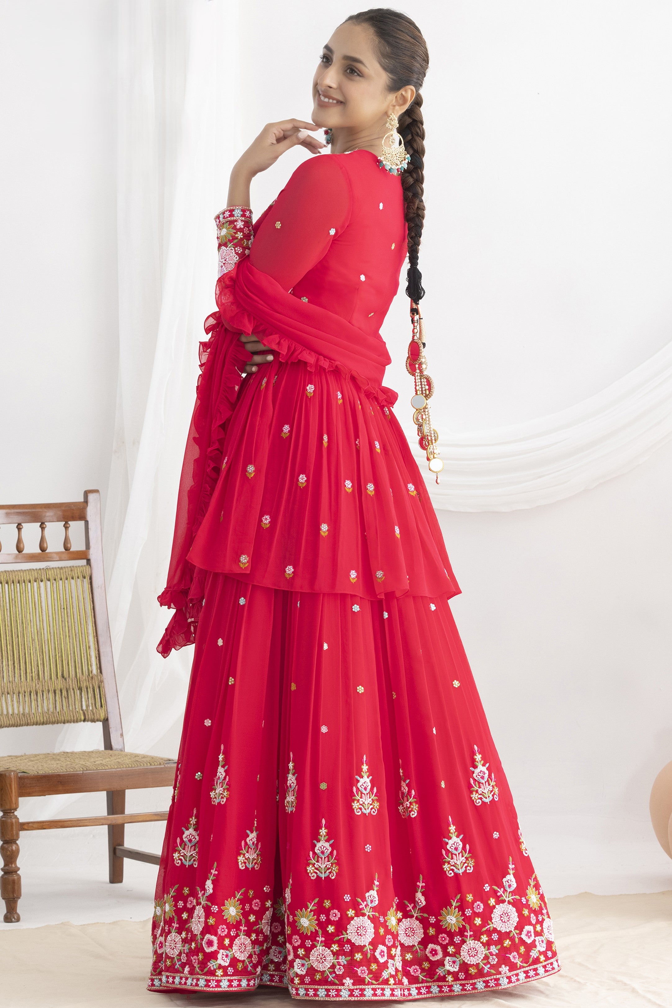 Party Wear Floral Embroidery Suit in Pinkish Red Georgette Kameez and Skirt