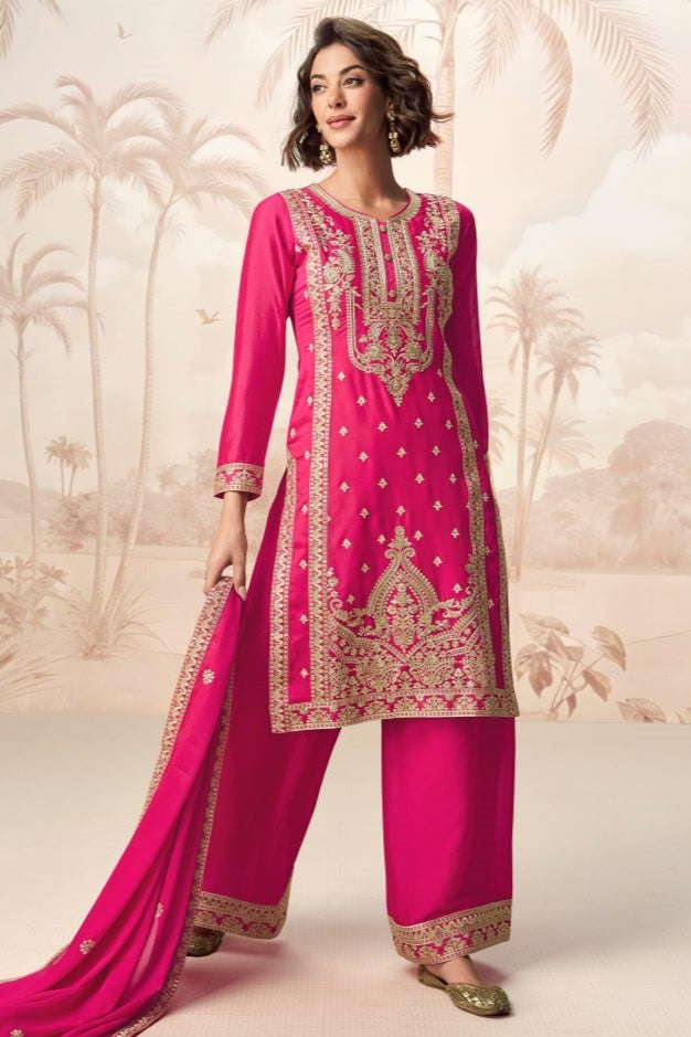 Pink Chinon Silk Kurta with Palazo Indian Wedding Suits with Dori and Sequins Work
