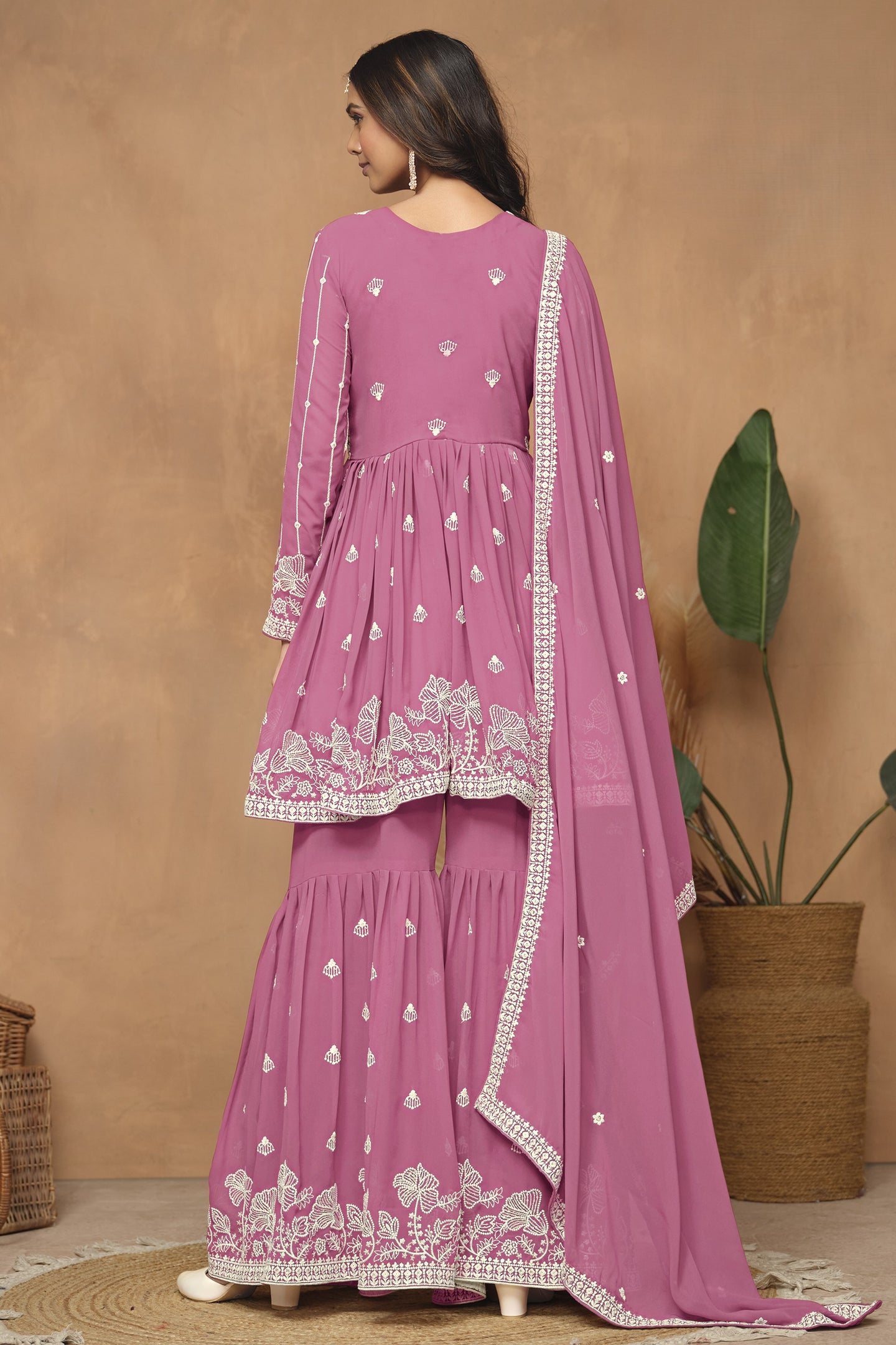 Pink Georgette Light Sharara Suit with Thread Embroidery Work
