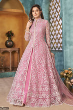 Pink Net Anarkali Indian Party Wear Dresses with Sequins and Thread Embroidery Work