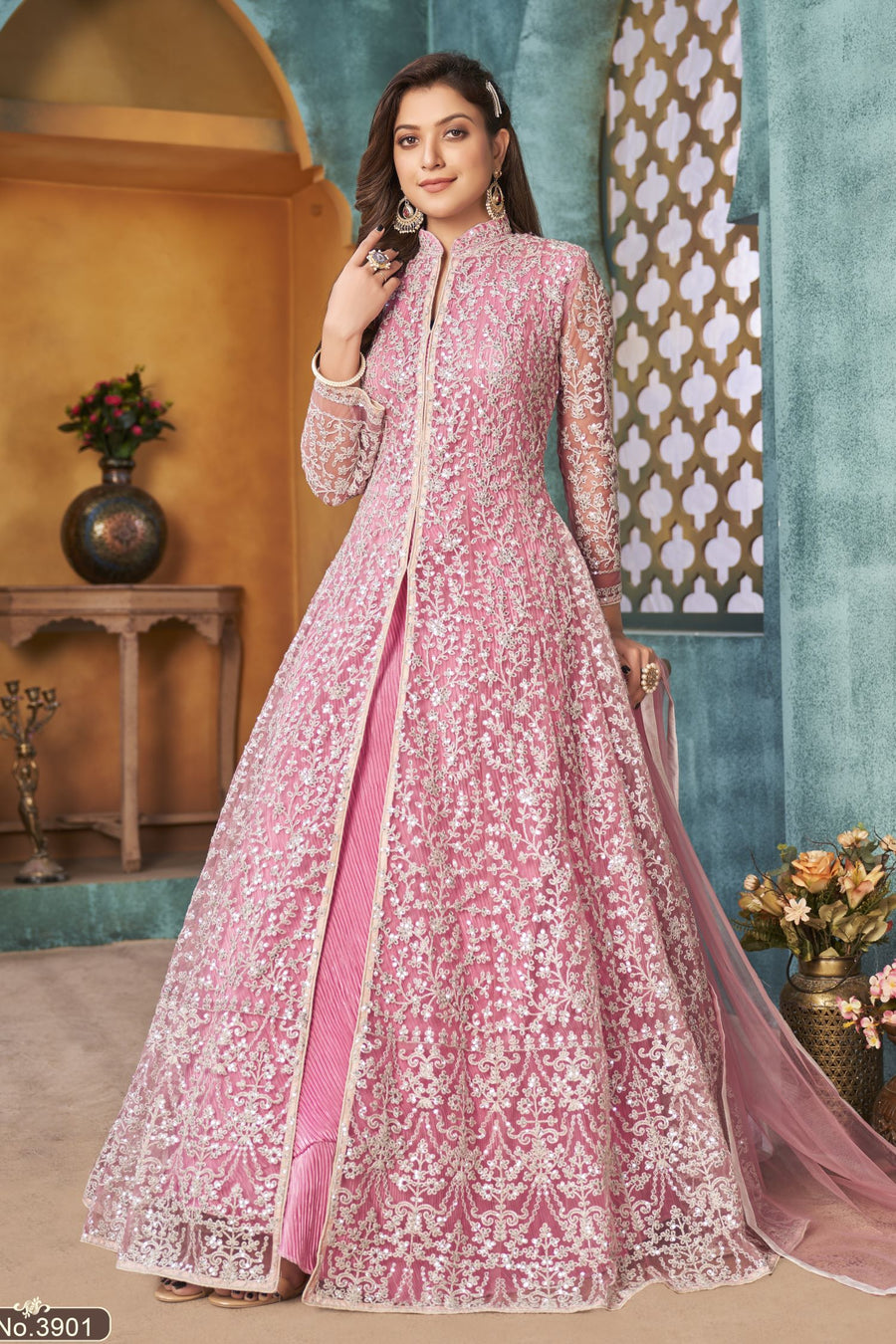 Pink Net Anarkali Indian Party Wear Dresses with Sequins and Thread Embroidery Work