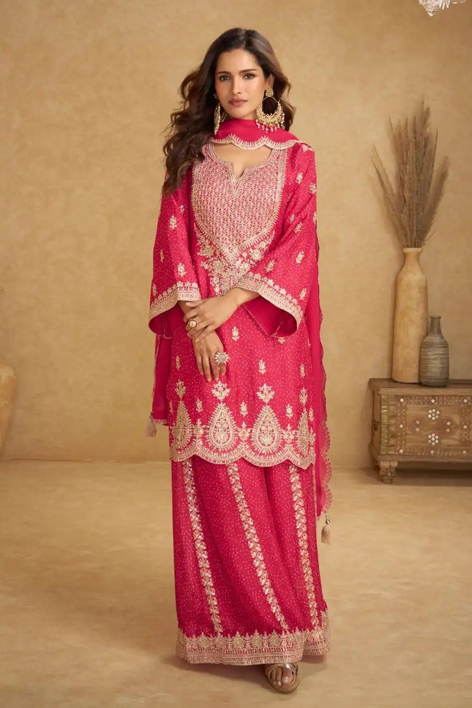 Pink Chinon Silk Palazo Suit Design for Wedding with Thread and Sequins Embroidery