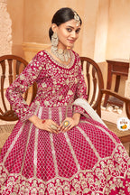 Dark Pink Art Silk Anarkali Pakistani Dresses Traditional With Thread Embroidery Work