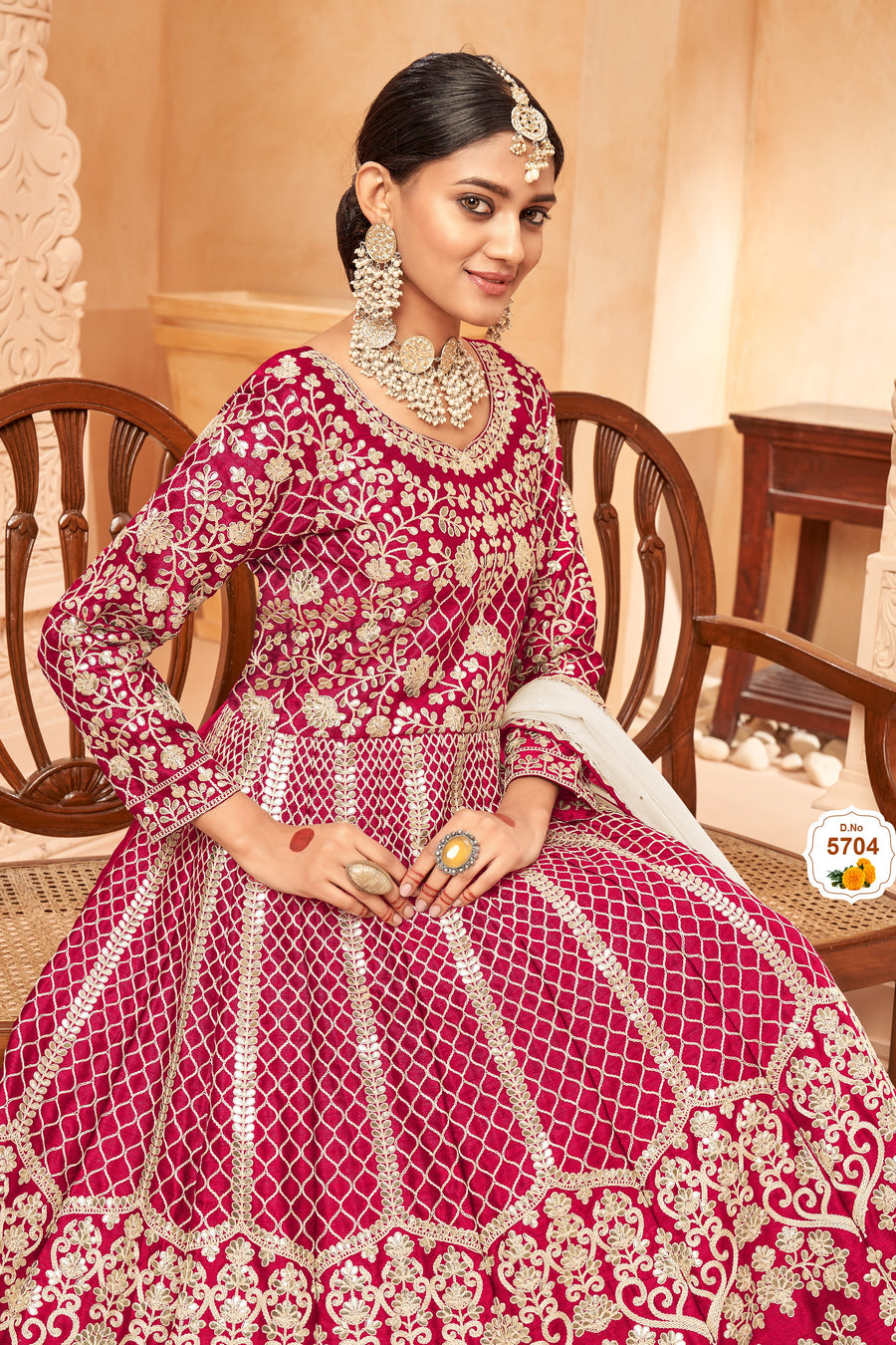 Dark Pink Art Silk Anarkali Pakistani Dresses Traditional With Thread Embroidery Work