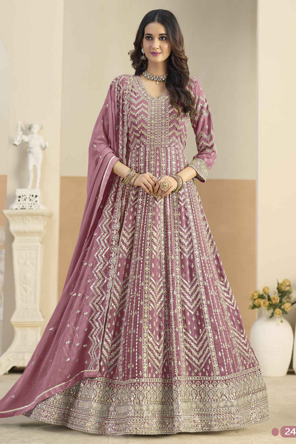 Pink Georgette Anarkali Dress for Wedding with Thread & Sequins Work