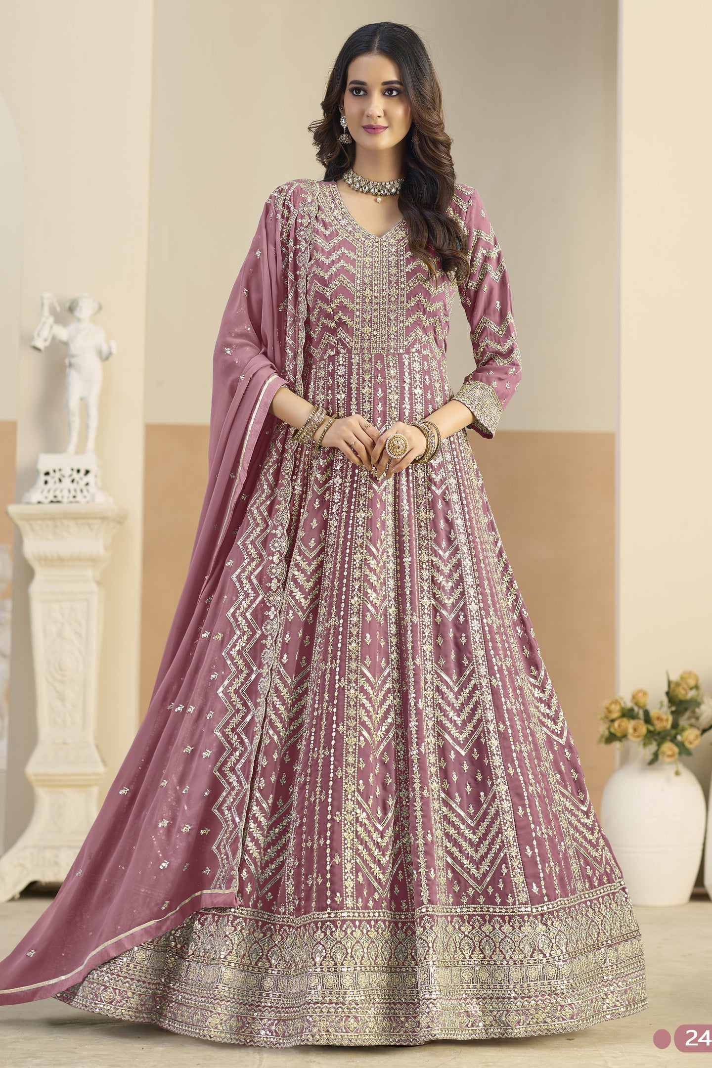 Pink Georgette Anarkali Dress for Wedding with Thread & Sequins Work