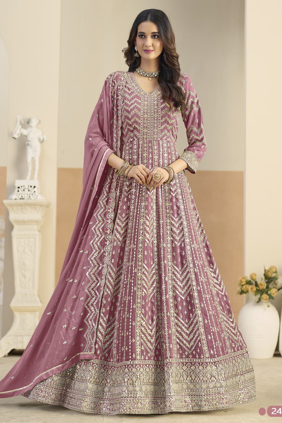 Pink Georgette Anarkali Dress for Wedding with Thread & Sequins Work