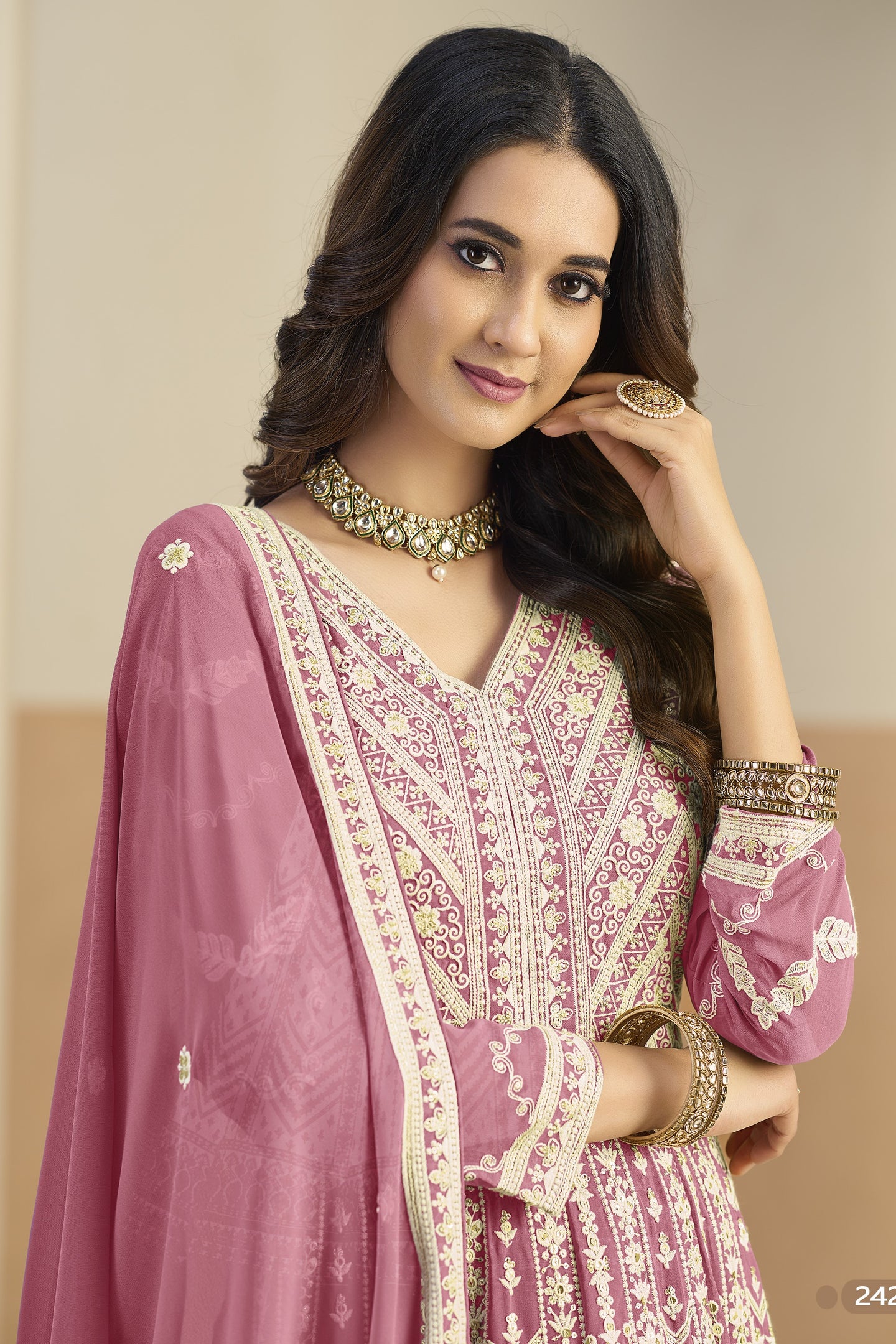Pink Georgette Anarkali Dress for Sangeet with Embroidery