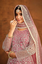 Pink Net Thread Embroidery Anarkali Dress for Reception