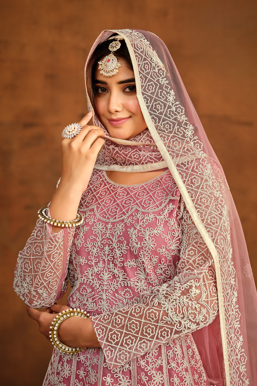 Pink Net Thread Embroidery Anarkali Dress for Reception