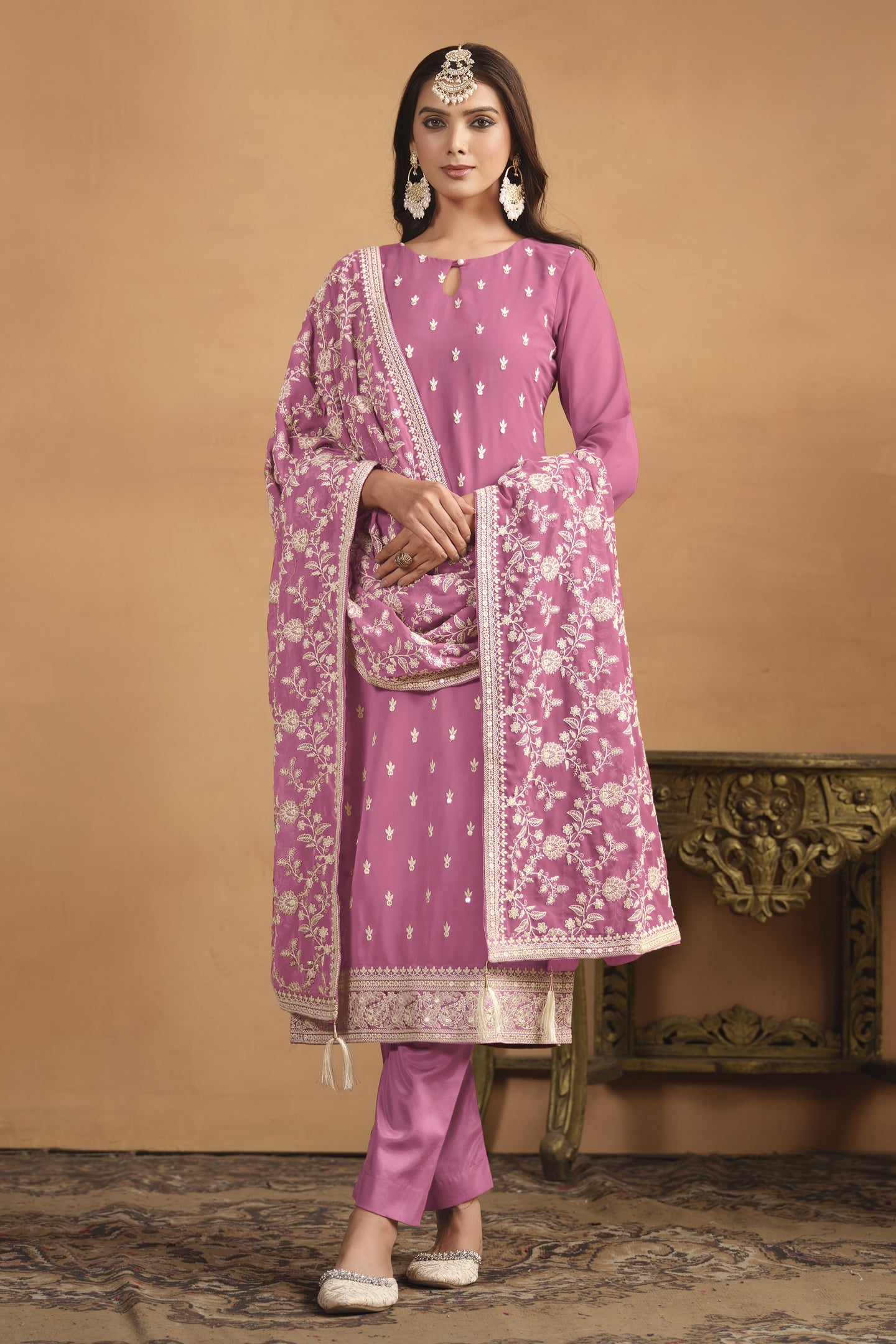 Pink Georgette Embroidered Dress Womens Kameez with Pant