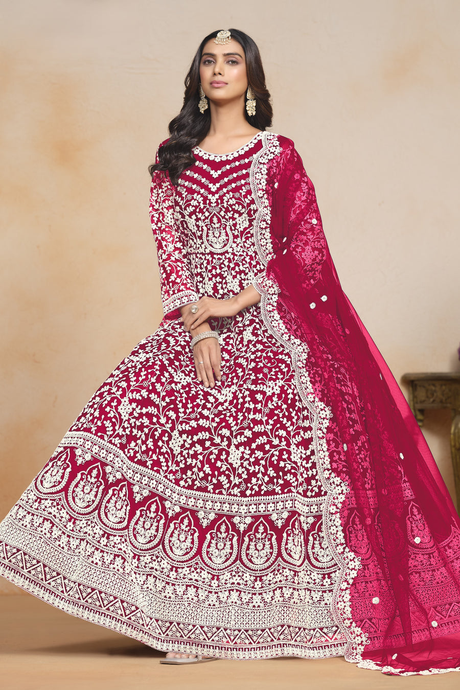 Pink Net Dori Work Anarkali for Wedding Function