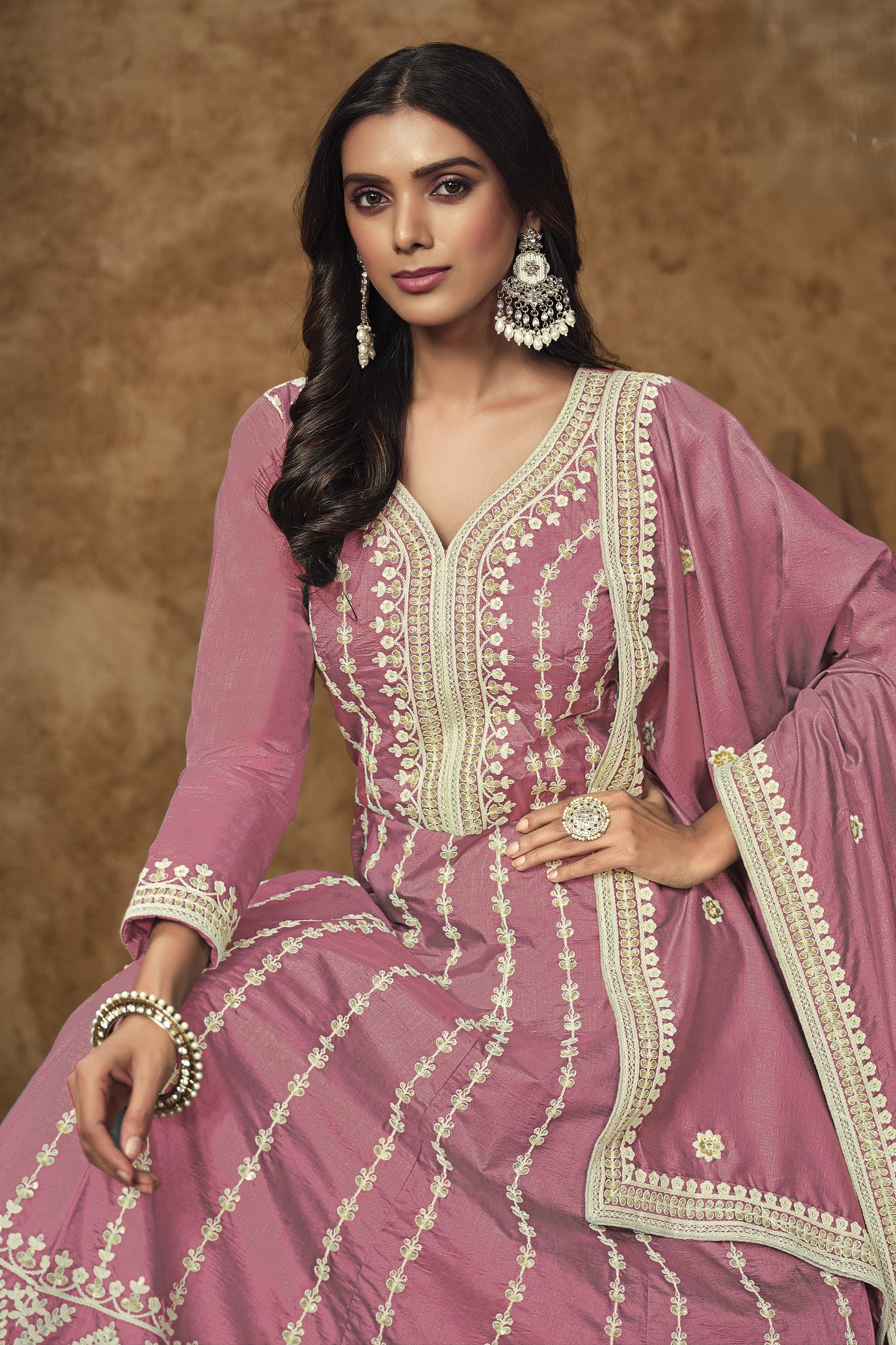 Pink Chinon Silk Anarkali Dress for Wedding with Thread and Sequins Embroidery