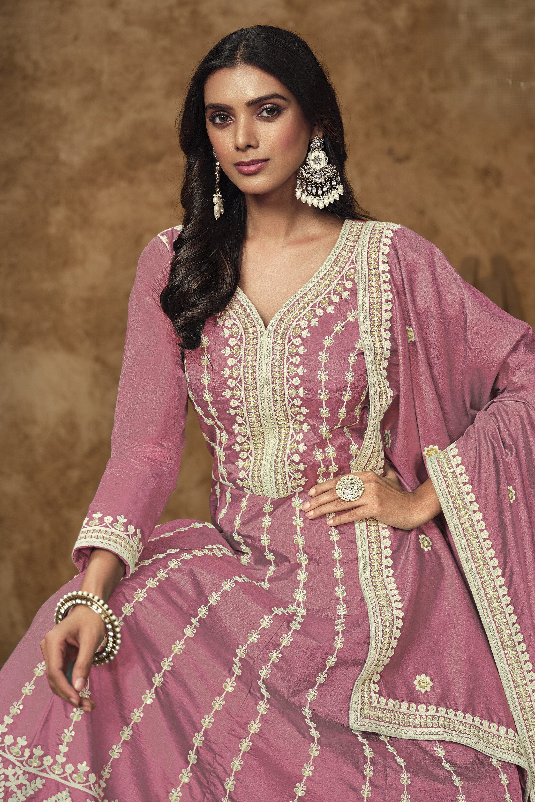 Pink Chinon Silk Anarkali Dress for Wedding with Thread and Sequins Embroidery