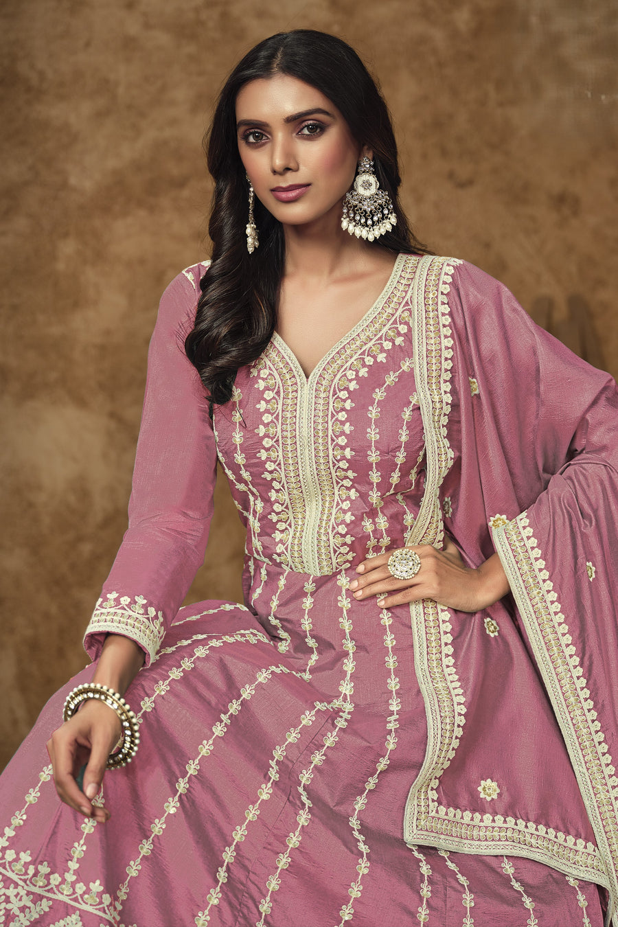 Pink Chinon Silk Anarkali Dress for Wedding with Thread and Sequins Embroidery