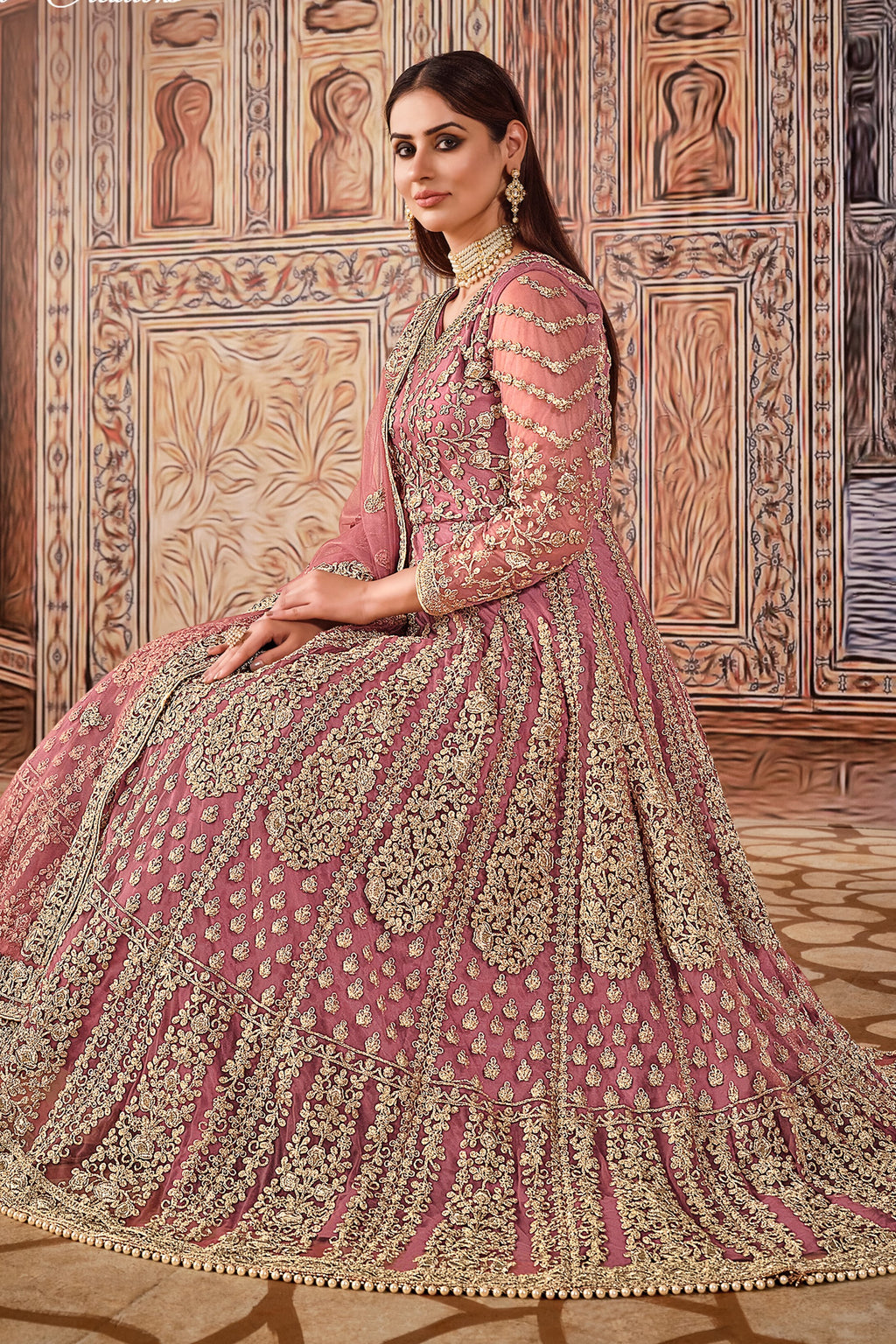 Pink Art Silk Pakistani Anarkali Dress with Sequins and Thread Embroidery