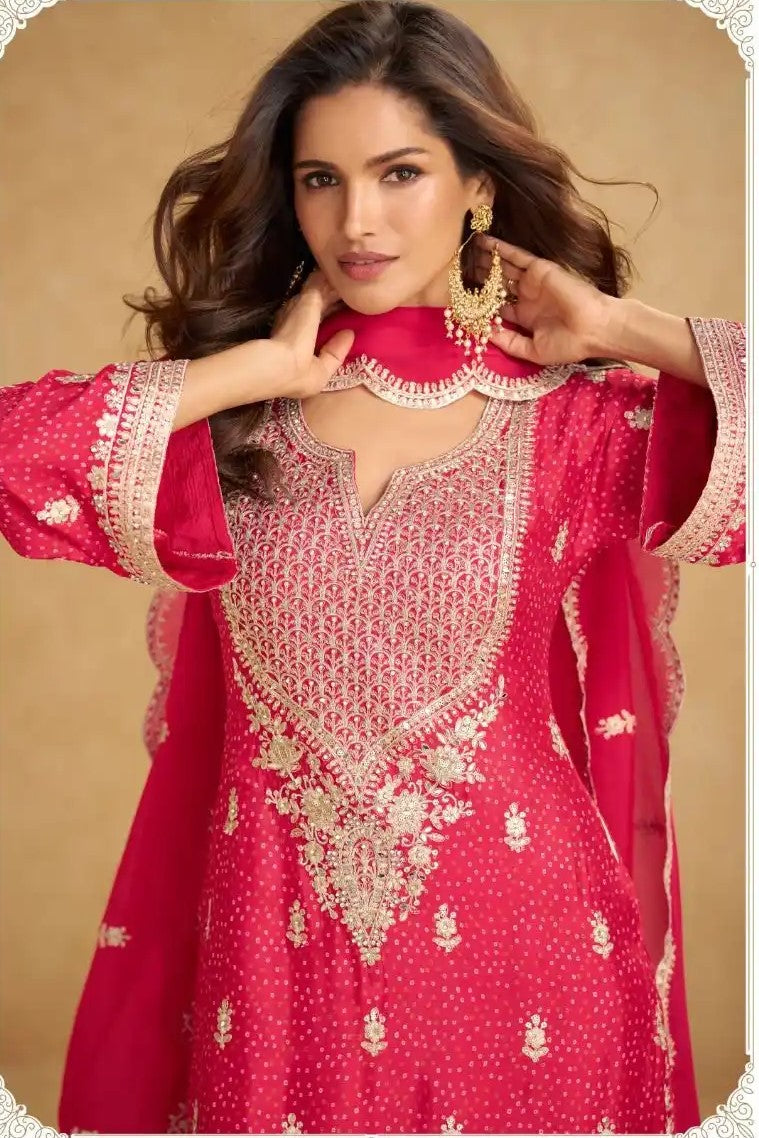 Pink Chinon Silk Palazo Suit Design for Wedding with Thread and Sequins Embroidery