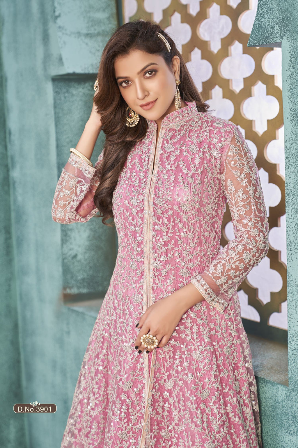 Pink Net Anarkali Indian Party Wear Dresses with Sequins and Thread Embroidery Work